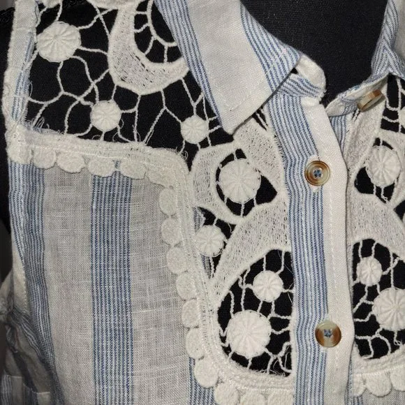 Anthropologie/Maeve Blue/White Stripe/Lace Linen Top - S - Picture 2 of 3